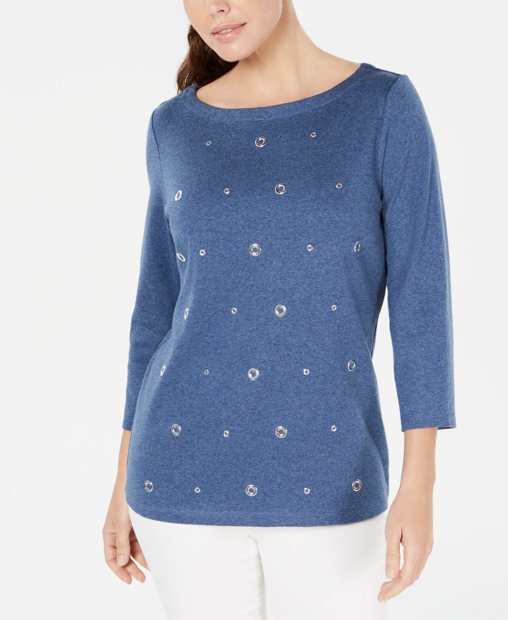 Karen Scott Women's Cotton Grommet Top Blue Size Small