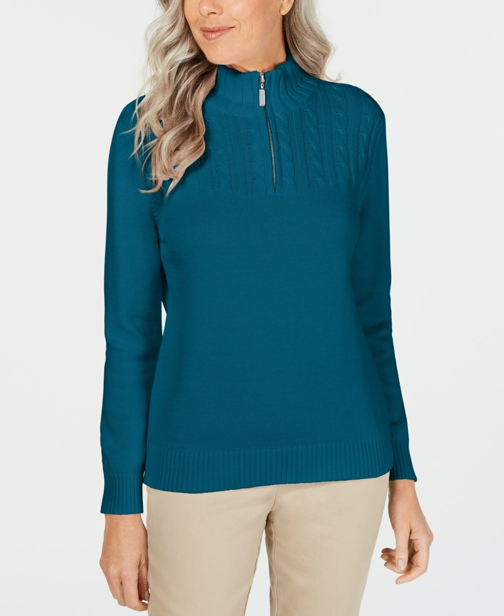 Karen Scott Women's Cotton Zip-Neck Sweater Turquoise  Size Small