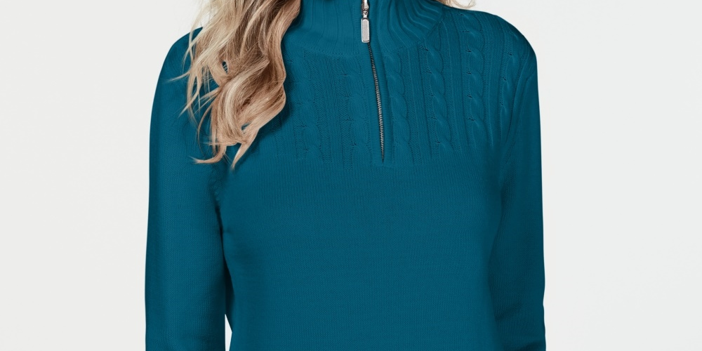 Karen Scott Women's Cotton Zip-Neck Sweater Turquoise  Size Small