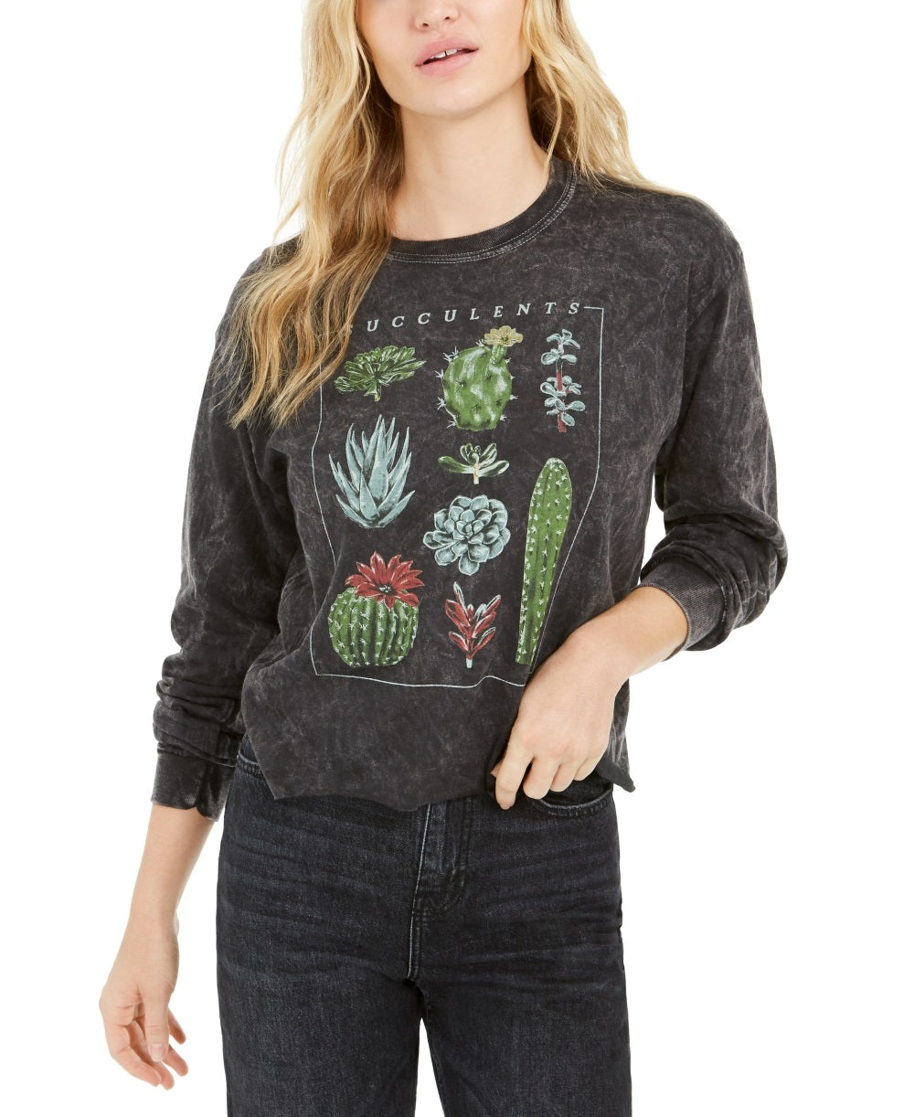 True Vintage Women's Succulent Long Sleeve Graphic T-Shirt Black Size X-Small