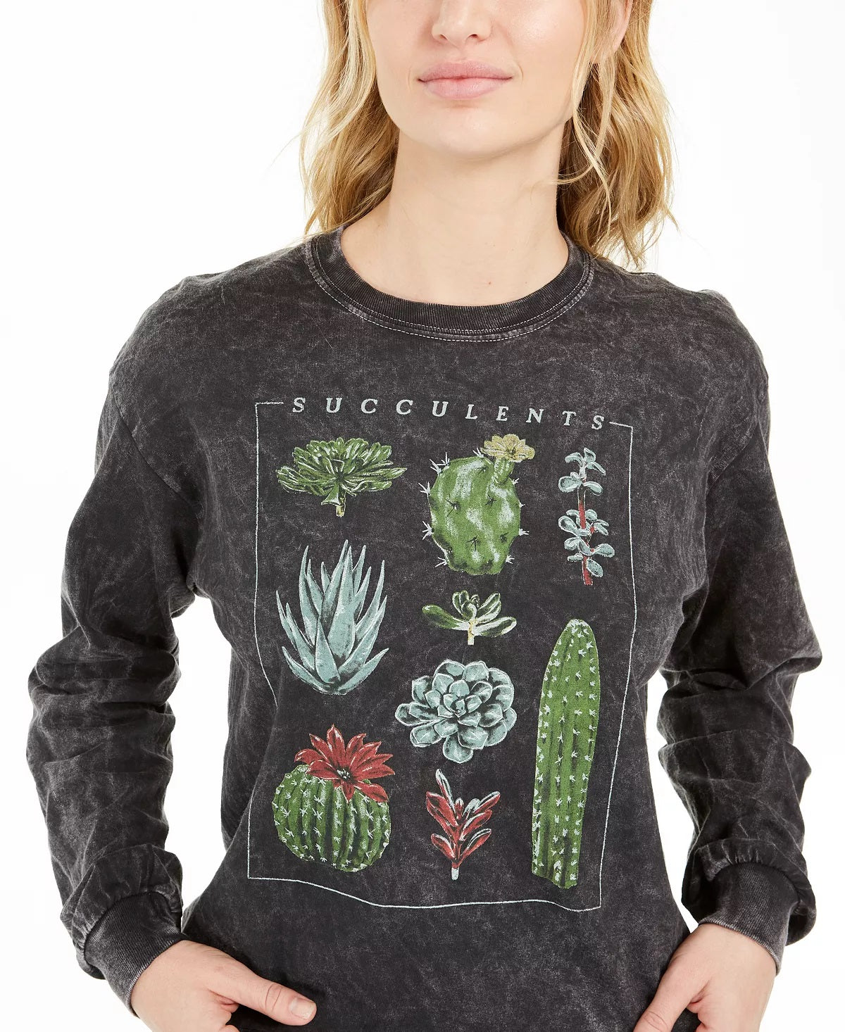 True Vintage Women's Succulent Long Sleeve Graphic T-Shirt Black Size X-Small