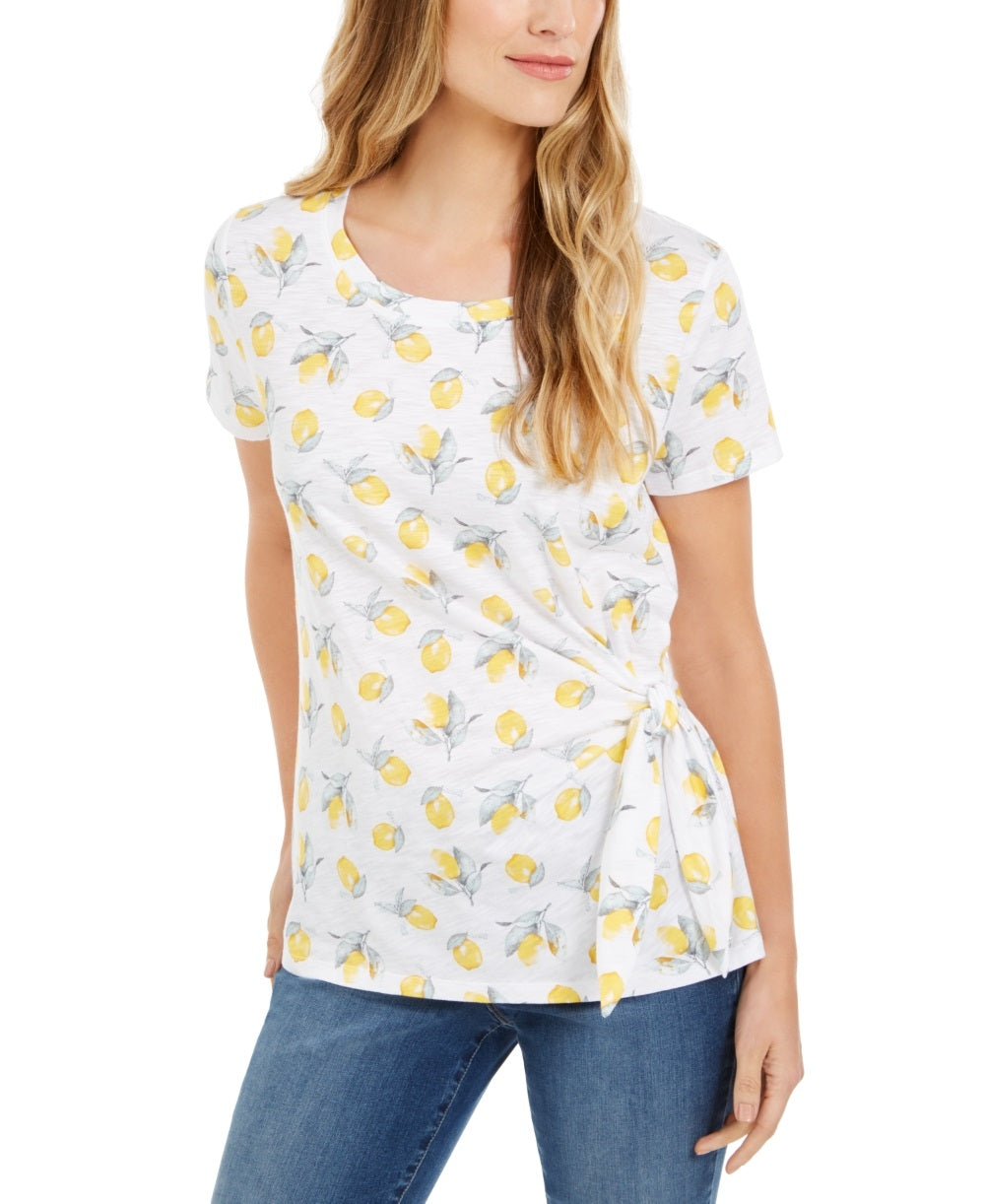 Style & Co Women's Printed Side Tie T-Shirt Yellow Size Medium