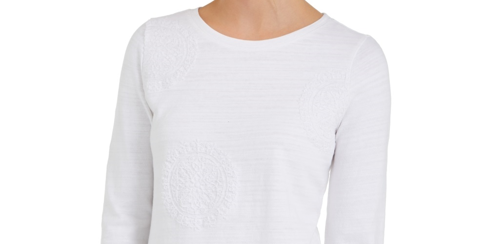 Charter Club Women's 3/4 Sleeve Printed Top White Size Small