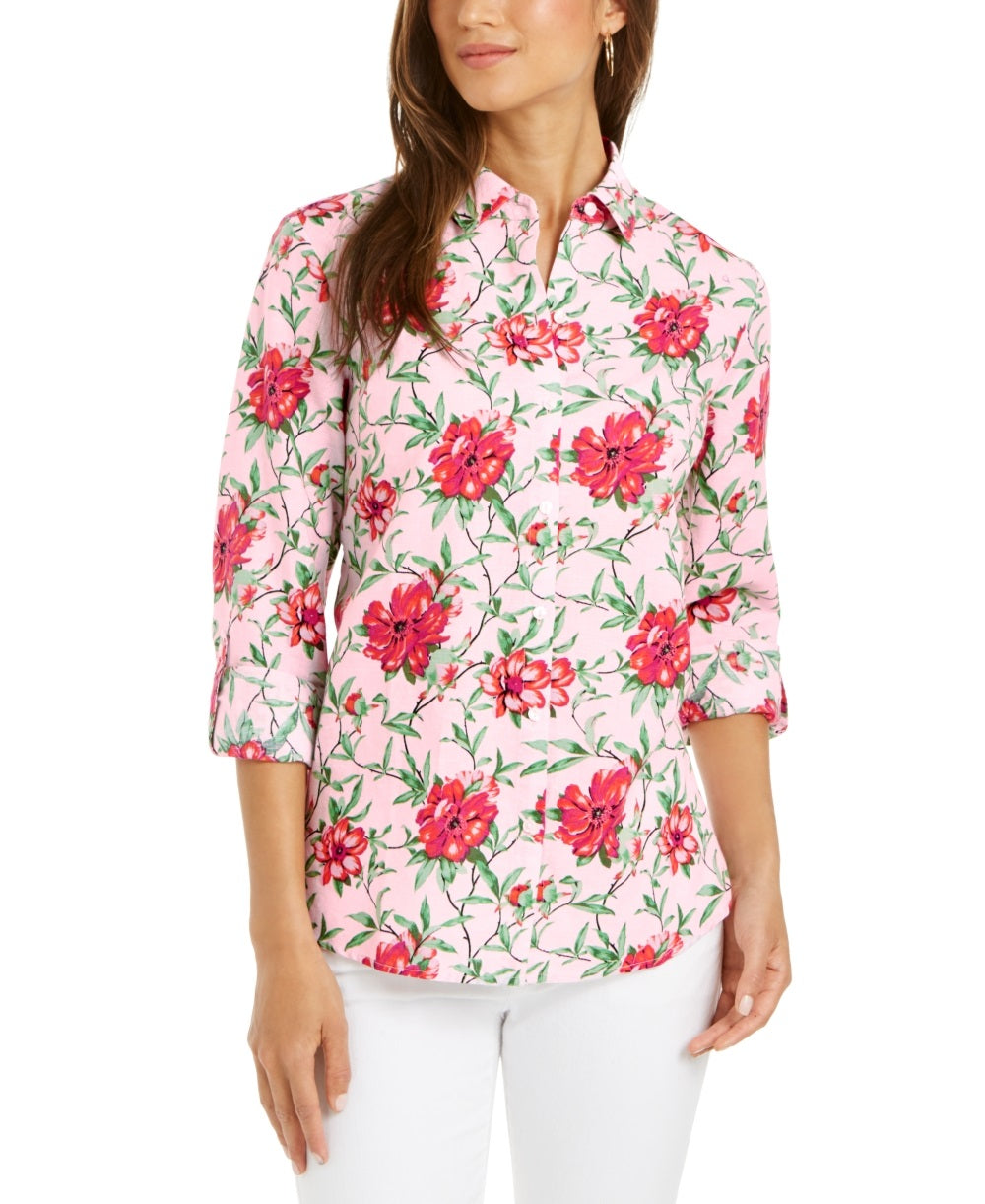 Charter Club Women's Linen Blend Printed Tab Sleeve Shirt Pink Size Large