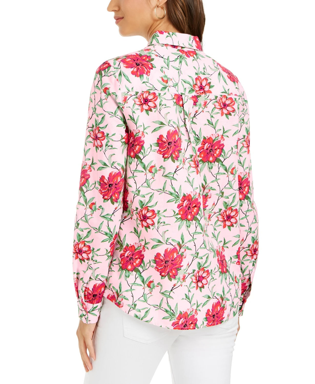 Charter Club Women's Linen Blend Printed Tab Sleeve Shirt Pink Size Large