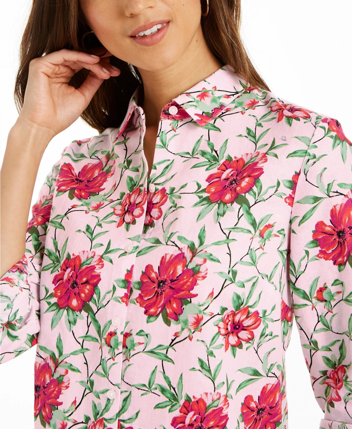 Charter Club Women's Linen Blend Printed Tab Sleeve Shirt Pink Size Large
