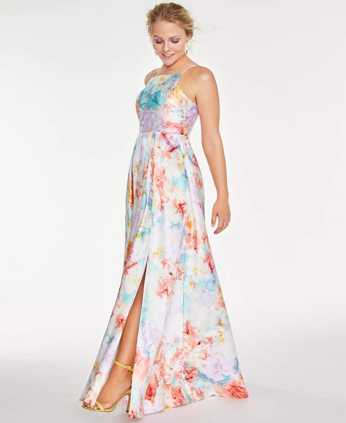Crystal Doll Junior's Floral Square Neck Gown-White/Purple Size 15