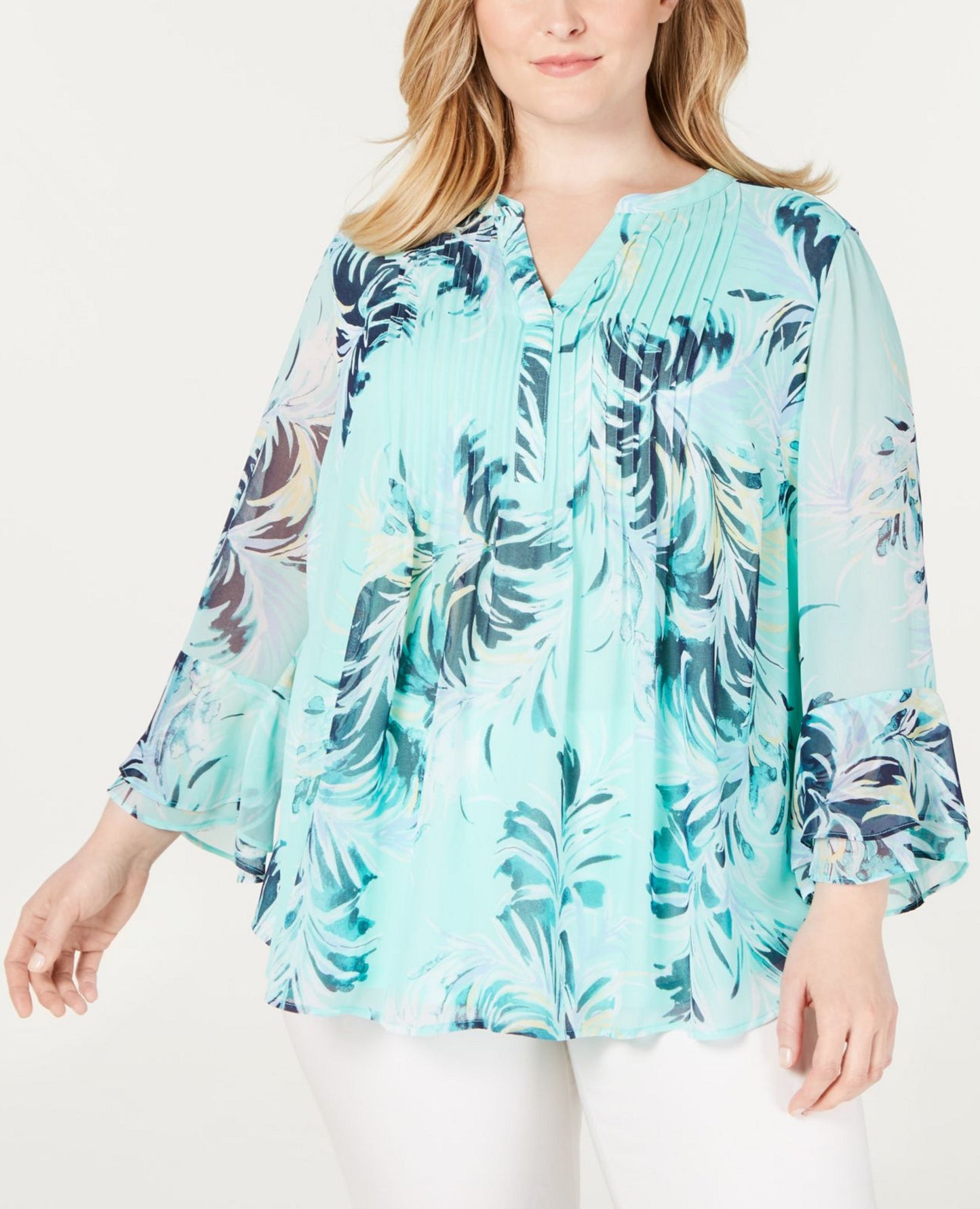 Charter Club Women's Plus Size Printed Tiered Ruffle Top Blue Size 0X