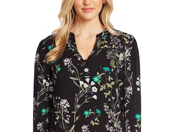 Cece Women's Winter Botanical Crochet-Trim Top Black Size Small