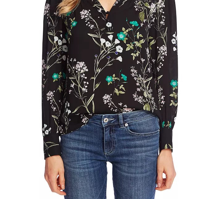 Cece Women's Winter Botanical Crochet-Trim Top Black Size Small