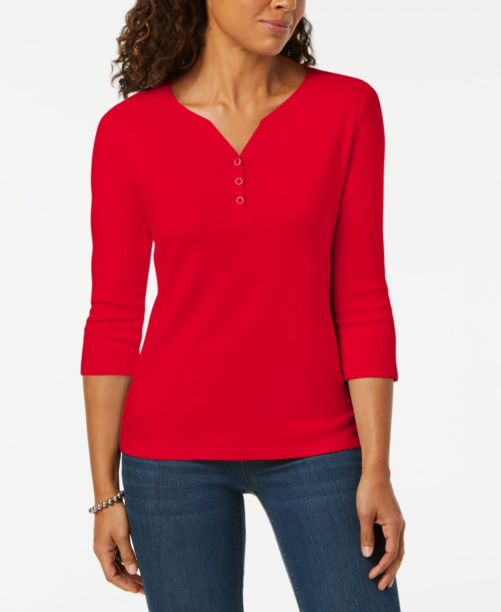Karen Scott Women's Petite Cotton Henley Shirt Bright Red Size PS