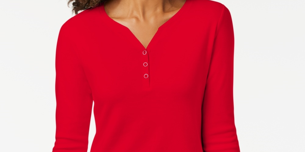 Karen Scott Women's Petite Cotton Henley Shirt Bright Red Size PS