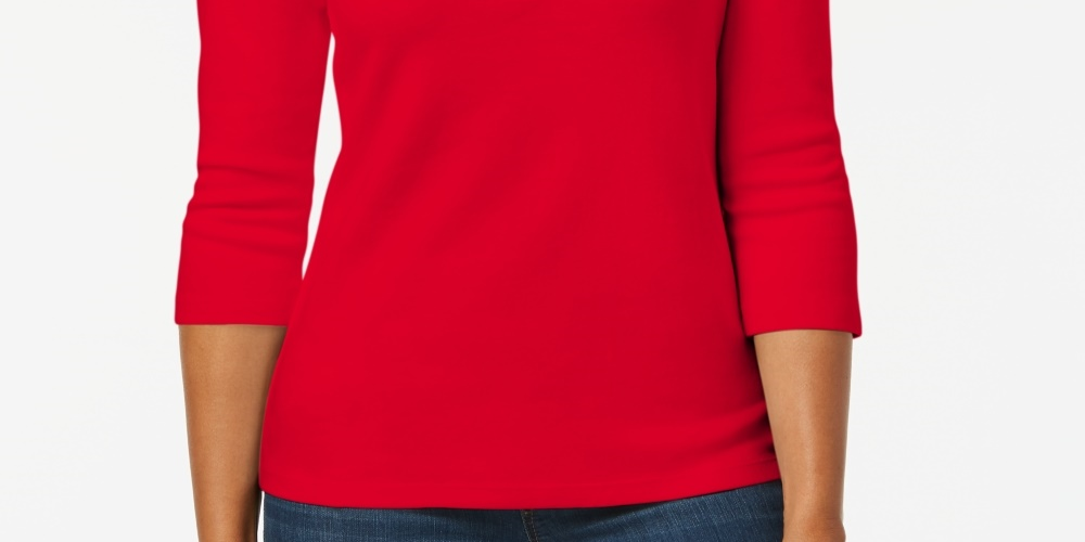Karen Scott Women's Petite Cotton Henley Shirt Bright Red Size PS