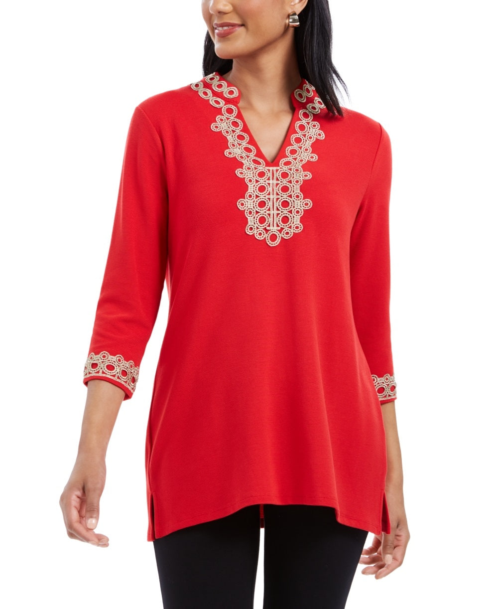 Charter Club Women's Lace Trim Tunic Top Red Size X-Small