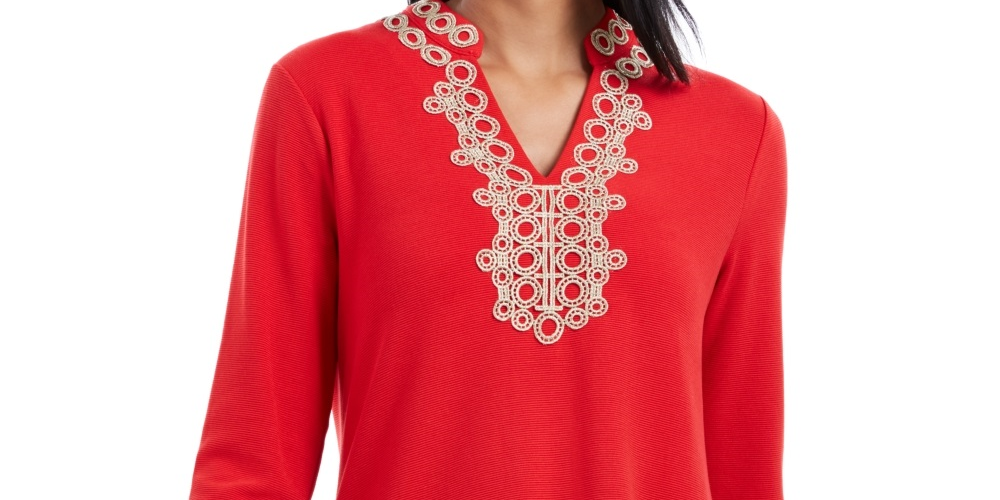Charter Club Women's Lace Trim Tunic Top Red Size X-Small