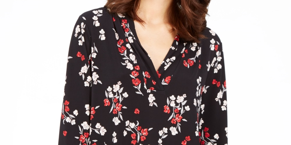 Charter Club Women's Printed V Neck Top Black Size XX-Large