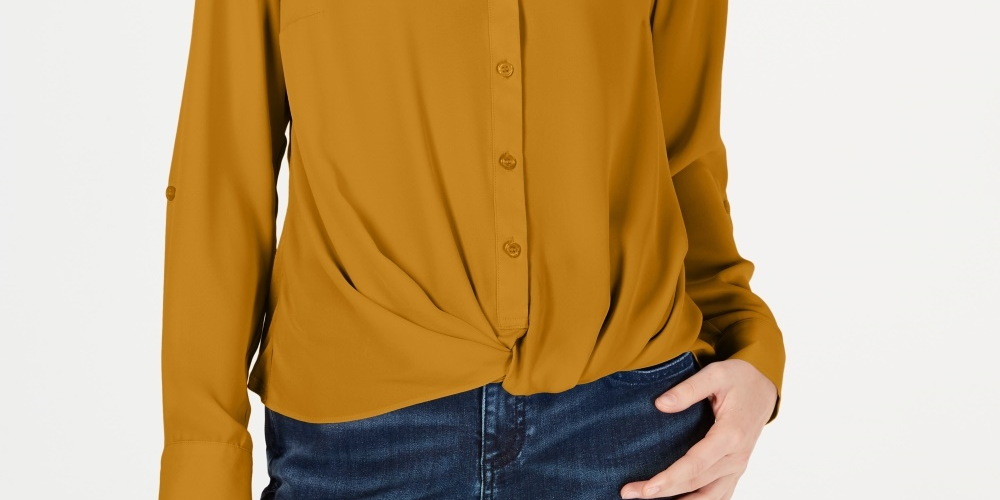 INC International Concepts Women's Twist-Front Button-Up Top Yellow Size Petite Medium