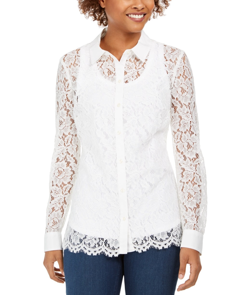 Charter Club Women's Lace Button Down Top White Size X-Small