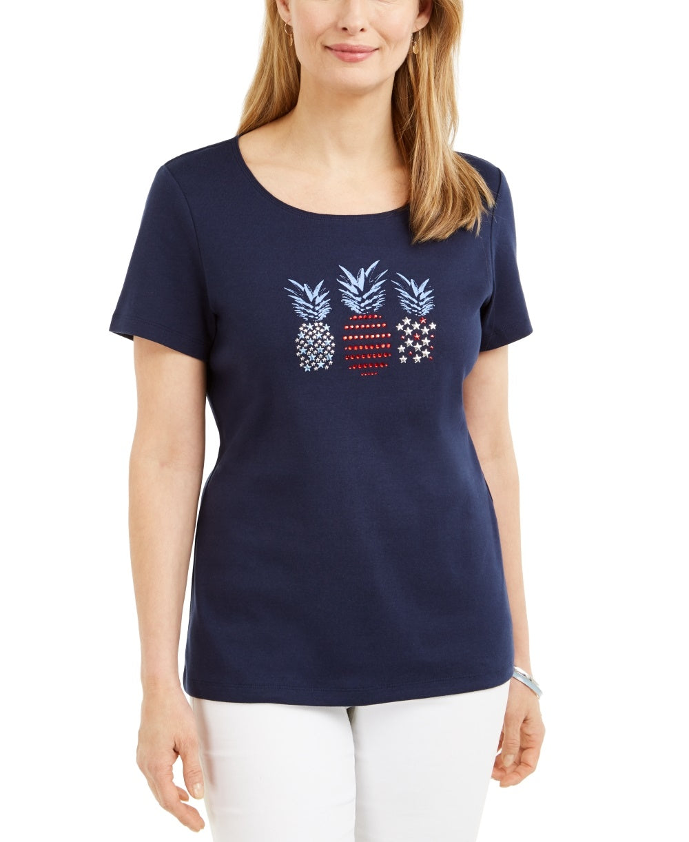 Karen Scott Women's Cotton Embellished Pineapple Top Navy Size Medium