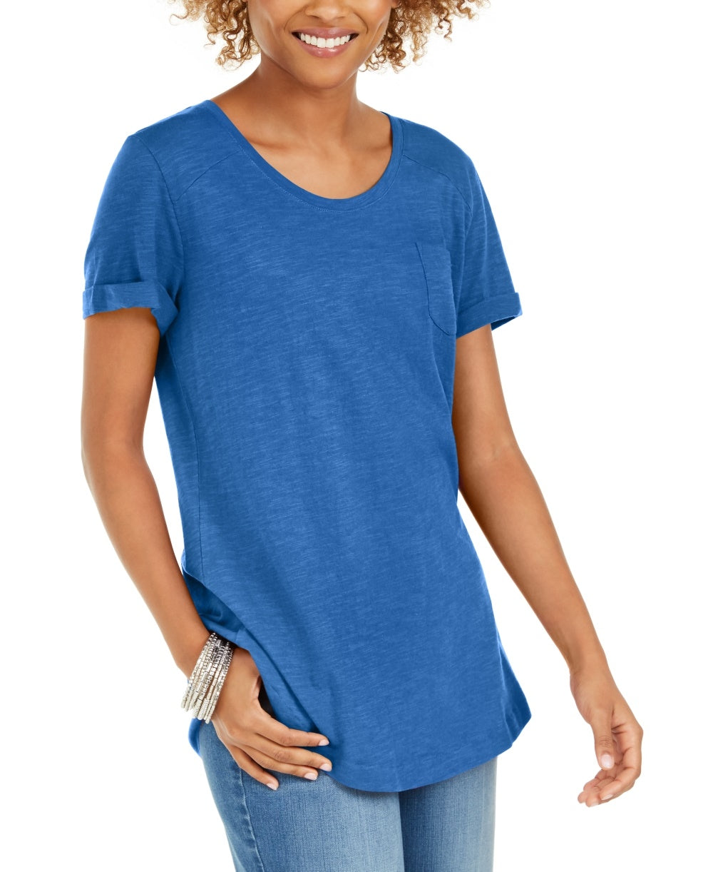 Style & Co Women's Cuffed-Sleeve Cotton T-Shirt Navy Size X-Small