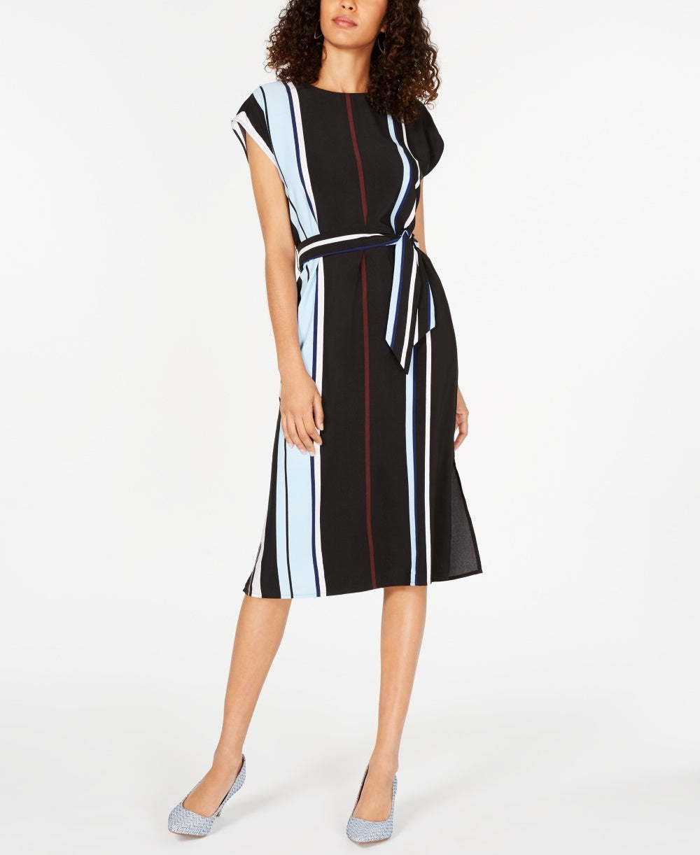 Alfani Women's Belted Striped Midi Dress Black Size 2 Petite