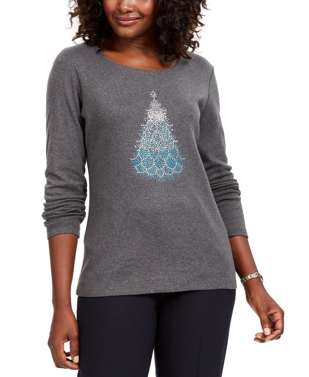 Karen Scott Women's Cotton Holiday Print T-Shirt Charcoal Size Small
