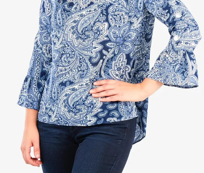 NY Collection Women's Petite All-Over Print Bell-Sleeve Top Navy Size Petite Small
