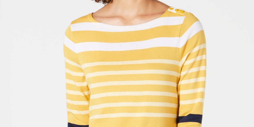 Charter Club Women's Pima Cotton Button Shoulder Stripe Top Yellow Size Large
