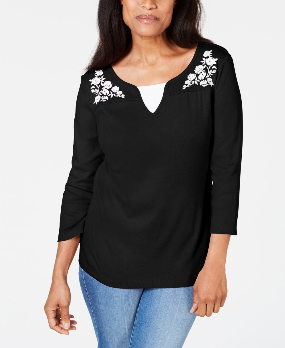 Karen Scott Women's Petite Embroidered Cotton Layered-Look Top Black Size PS