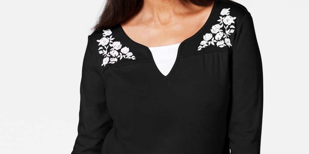Karen Scott Women's Petite Embroidered Cotton Layered-Look Top Black Size PS