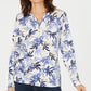 Karen Scott Women's Printed Split-Neck Top Navy Size Large