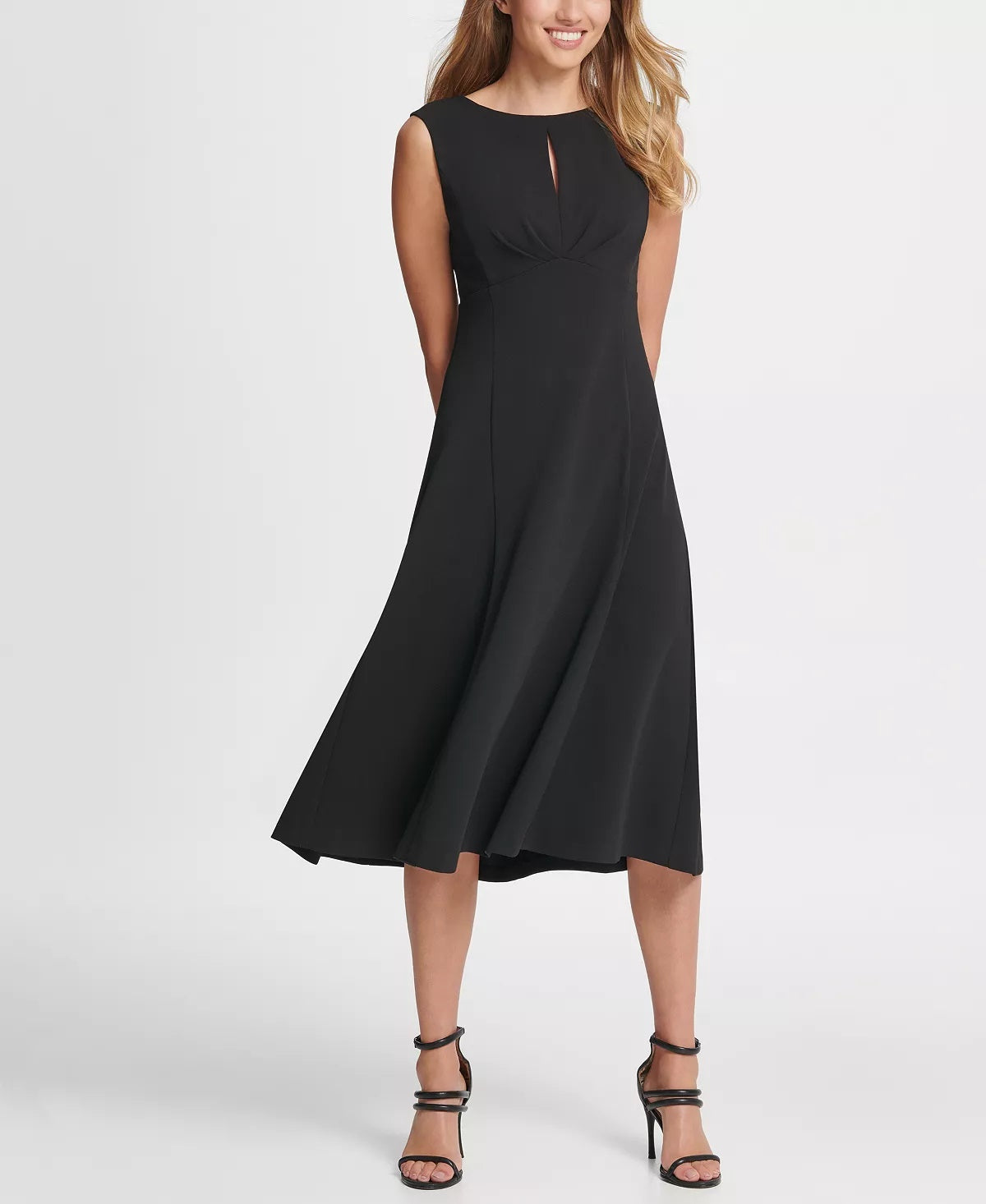 DKNY Women's Pleated Empire Waist Midi Fit & Flare Dress Black Size 8