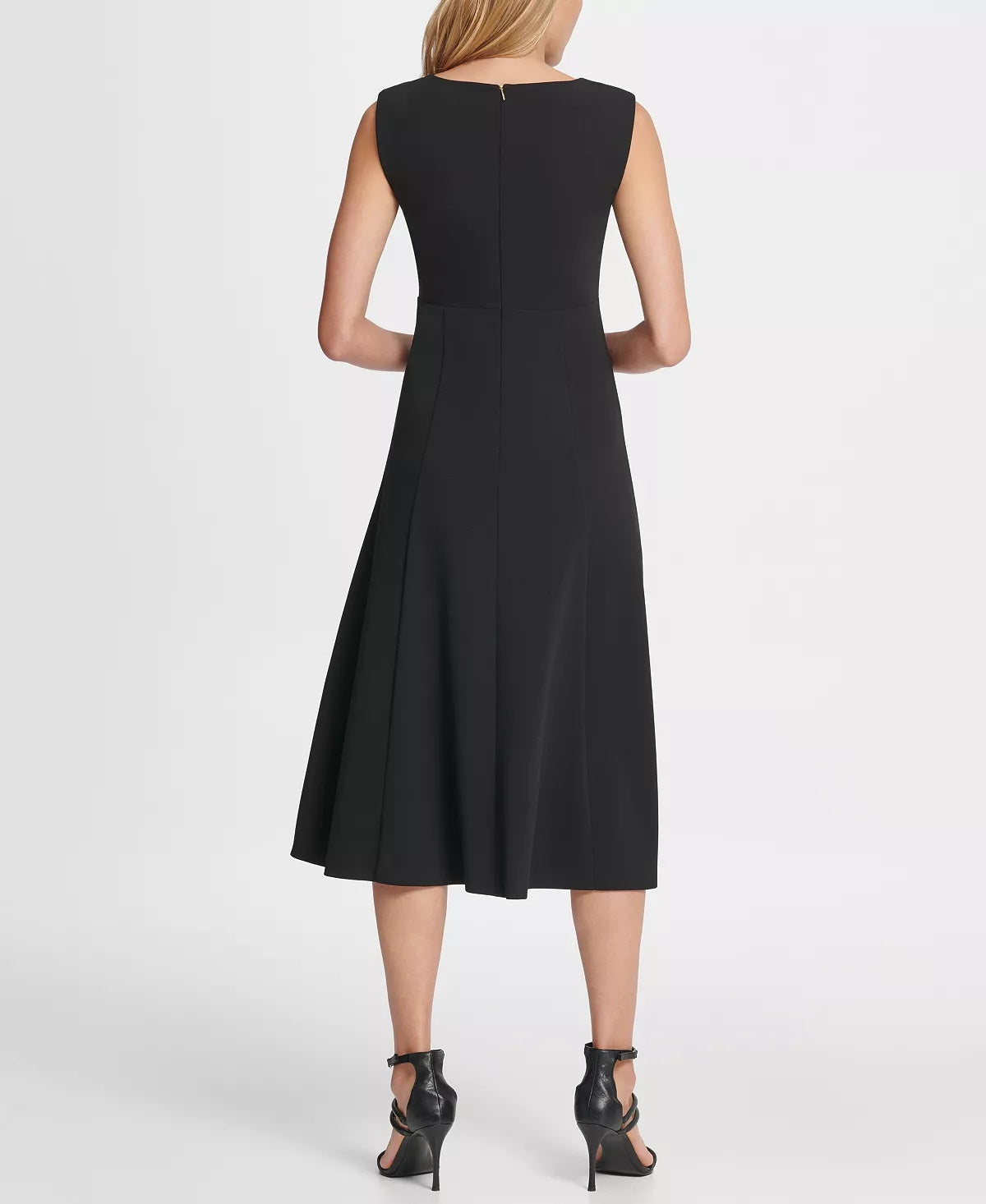 DKNY Women's Pleated Empire Waist Midi Fit & Flare Dress Black Size 8