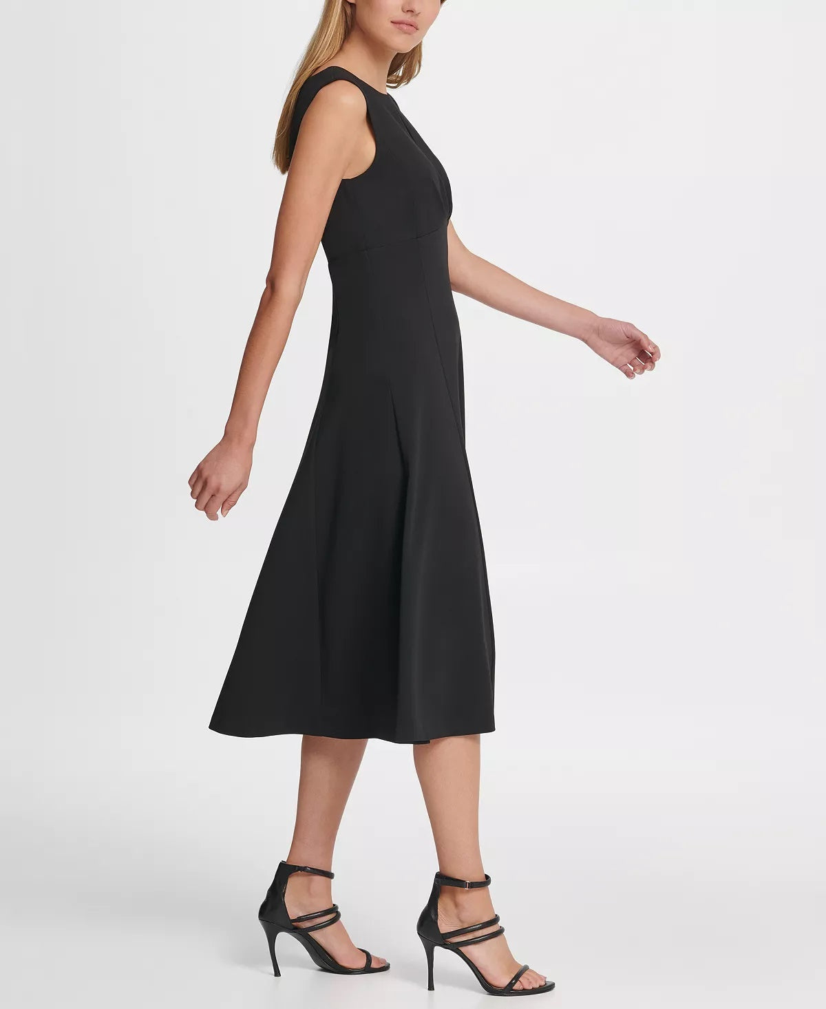 DKNY Women's Pleated Empire Waist Midi Fit & Flare Dress Black Size 8