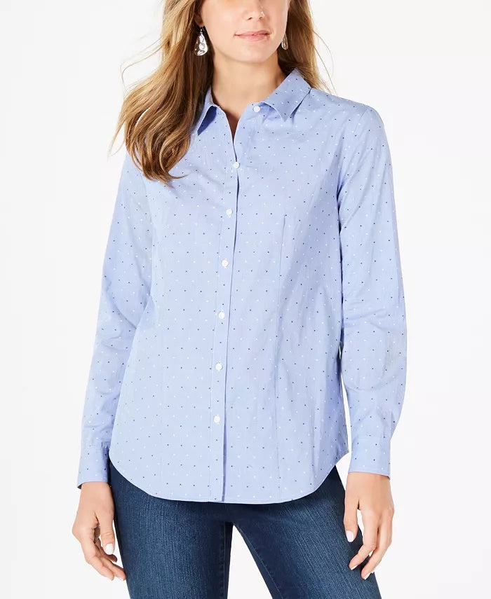 Charter Club Women's Cotton Printed Button Front Top Blue Size 18