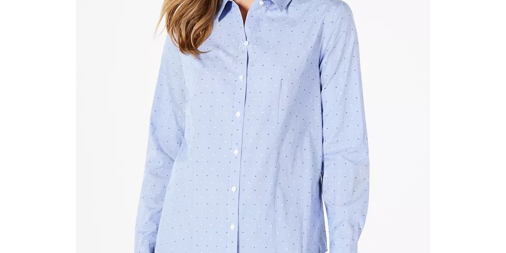 Charter Club Women's Cotton Printed Button Front Top Blue Size 18