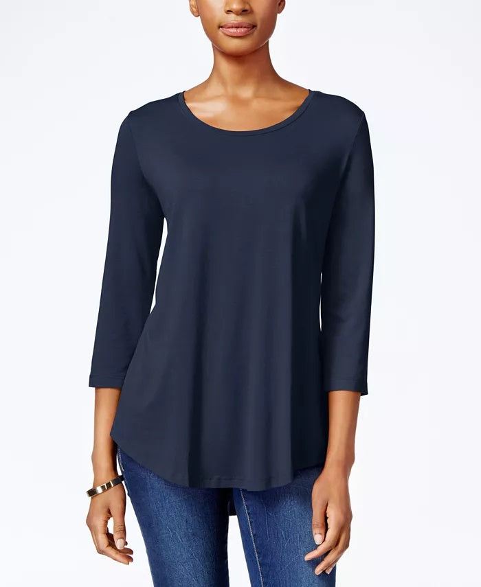 JM Collection Women's Three Quarter Sleeve Top Blue Size Petite Medium