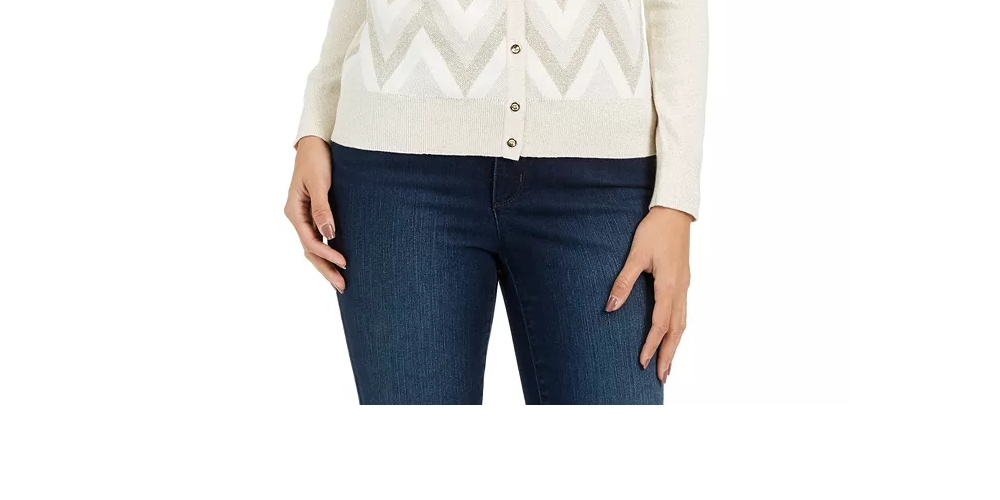 Charter Club Women's Chevron Print Metallic Threaded Cardigan Creme Size Petite S
