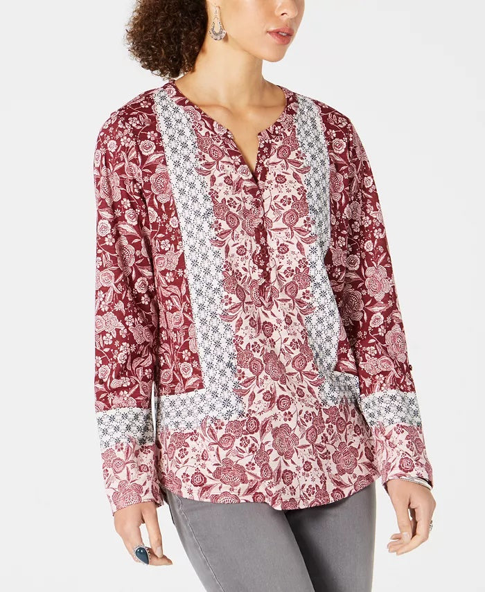 Style & Co Women's Printed Long Sleeve V Neck Top Red Size Petite S