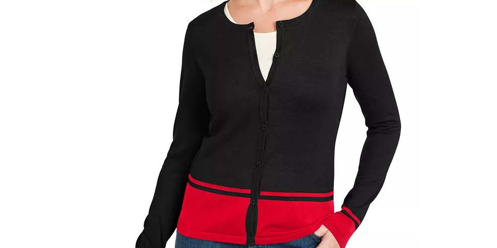 Karen Scott Women's Colorblocked Hem Cardigan Blue Size Petite S