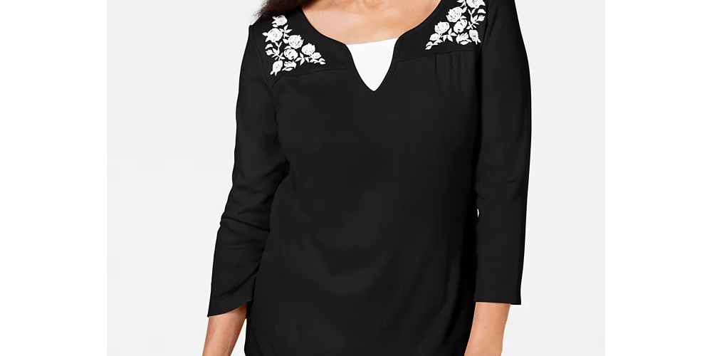Karen Scott Women's Embroidered Cotton Layered Look Top Chestnut Size Petite L