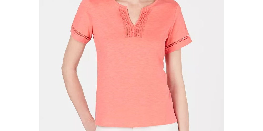 Charter Club Women's Split Neck Cotton Top Coral Size Small