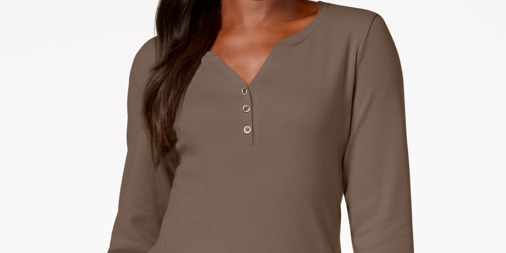 Karen Scott Women's Cotton Henley Top Chestnut Size Small