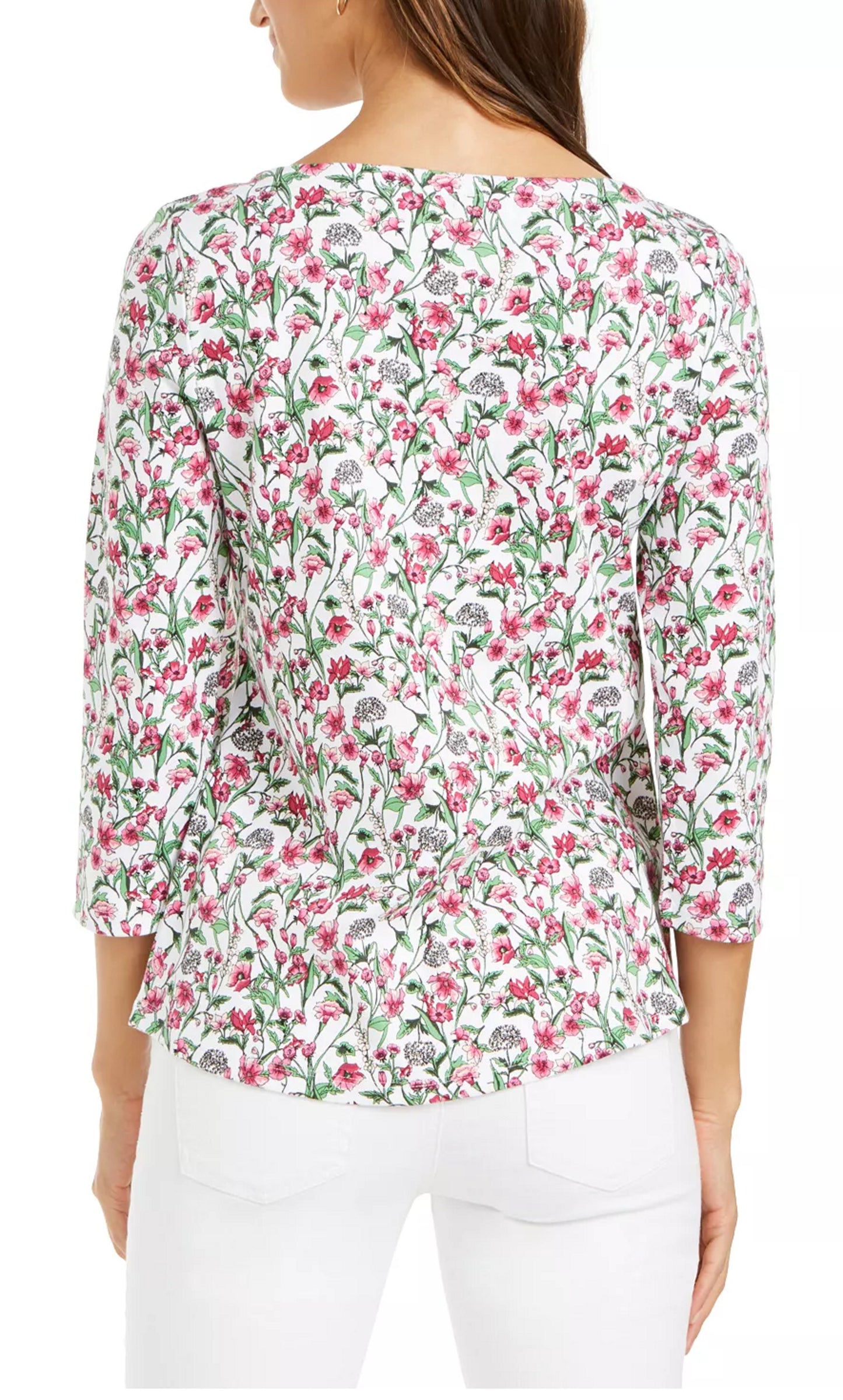 Charter Club Women's Cotton Floral Print Boat Neck Top White Size XX-Large