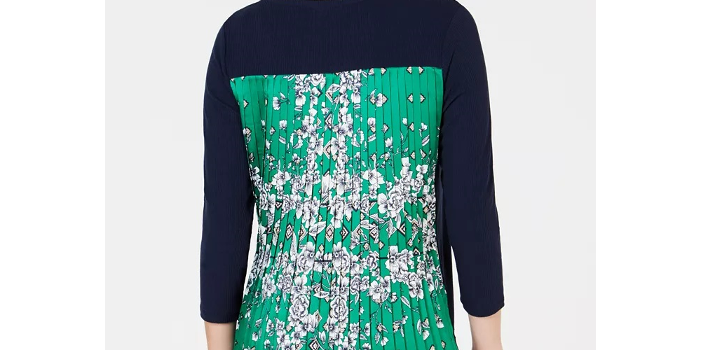Charter Club Women's Contrast Pleated-Back Ribbed Top Blue/green Size X-Small