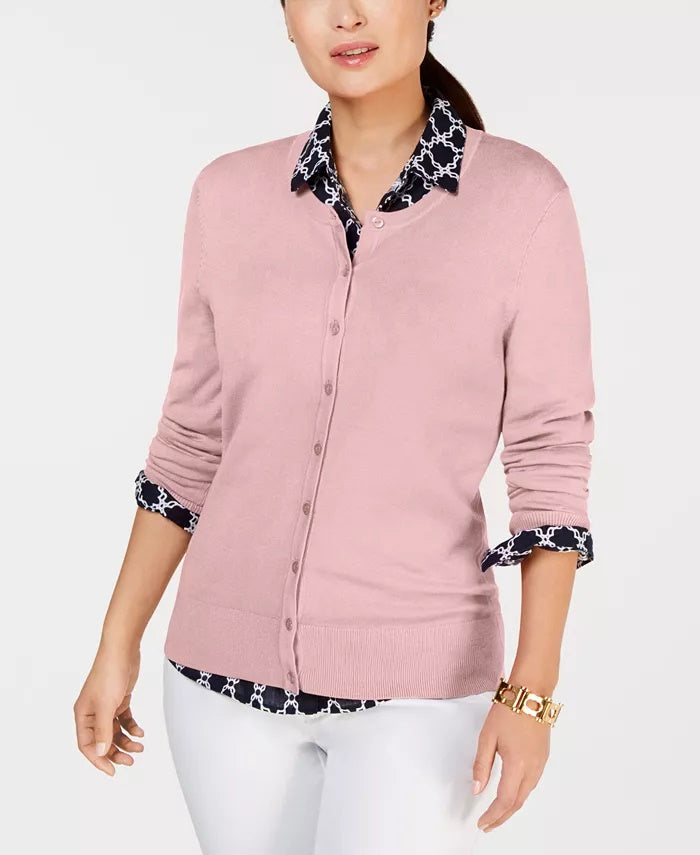 Charter Club Women's Crewneck Cardigan Pink  Size Petite Small