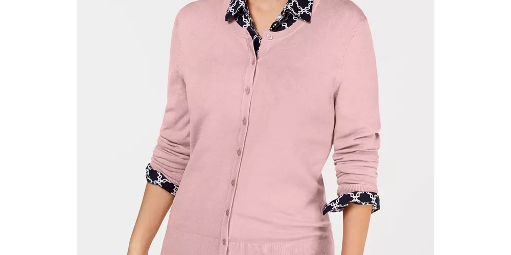 Charter Club Women's Crewneck Cardigan Pink  Size Petite Small