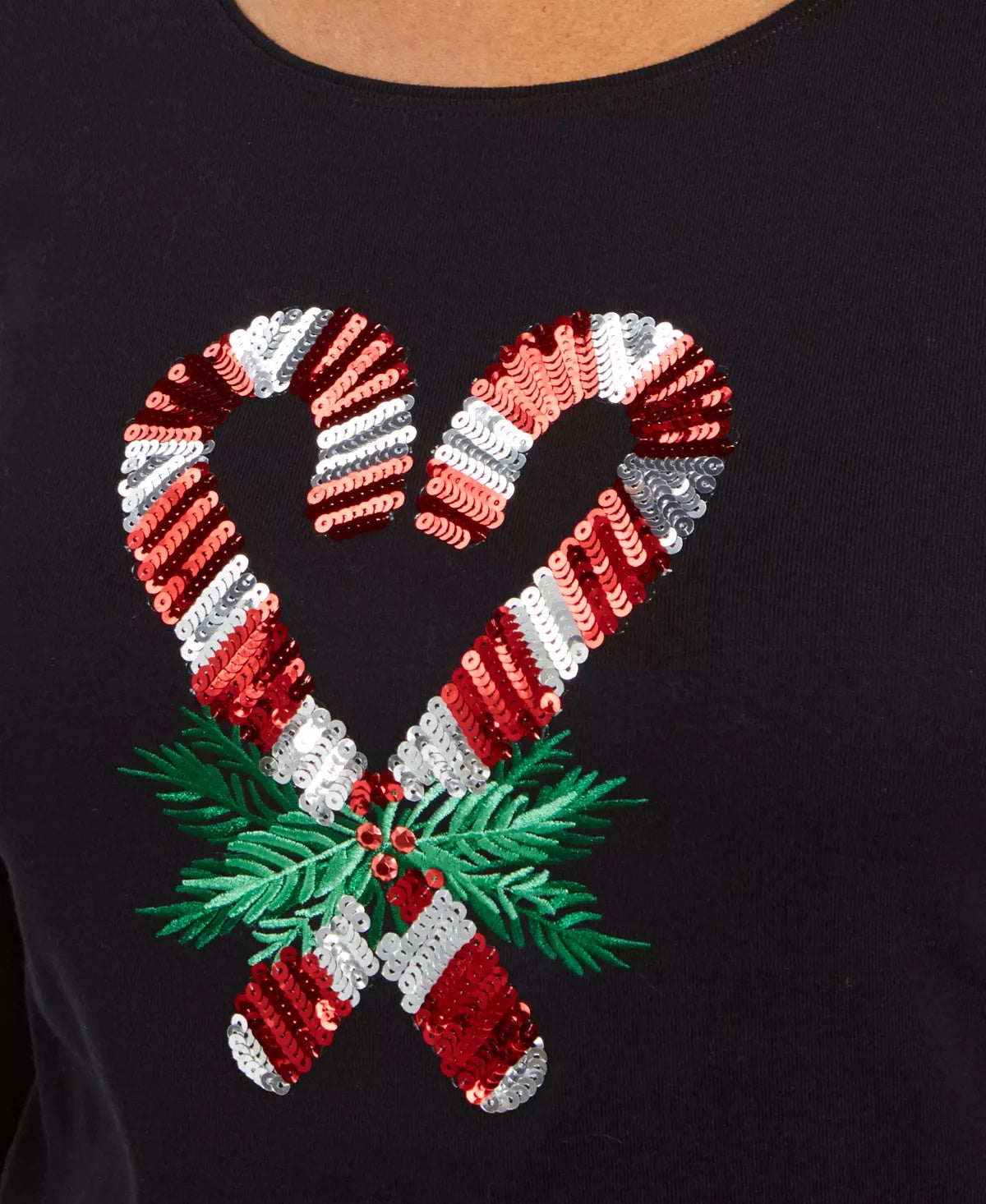 Karen Scott Women's Sequin Candy Cane Shirt Black Size X-Small