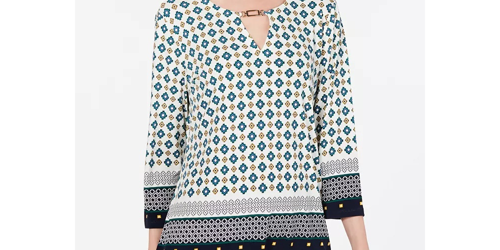 Charter Club Women's Printed Keyhole Top White Size Large