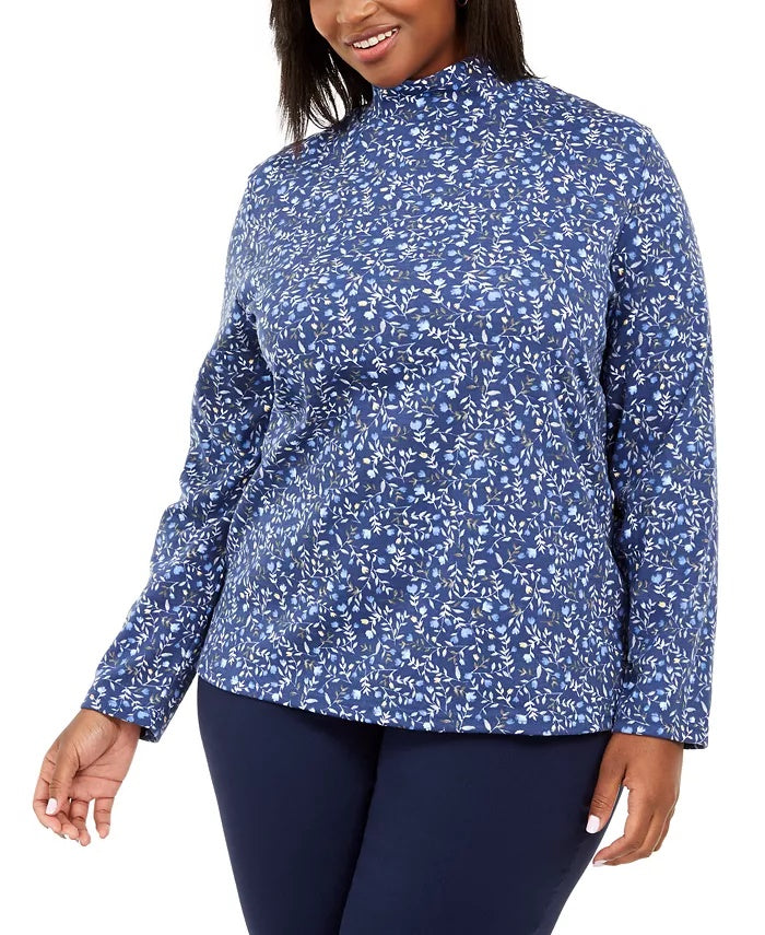 Karen Scott Women's Plus Size Floral-Print Mock-Neck Top Blue Size 0X